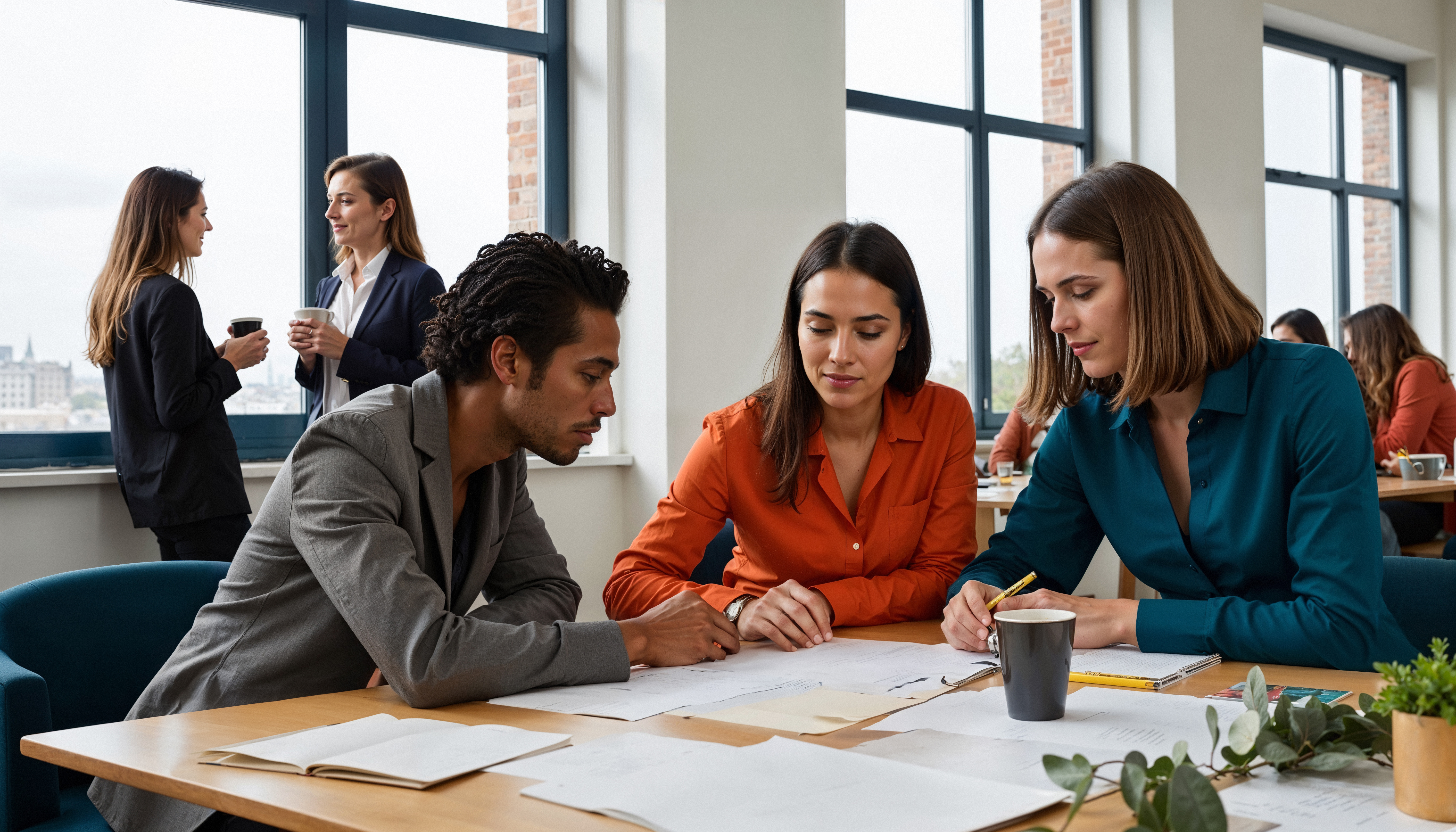 Equipo trabajando juntos en estrategia financiera